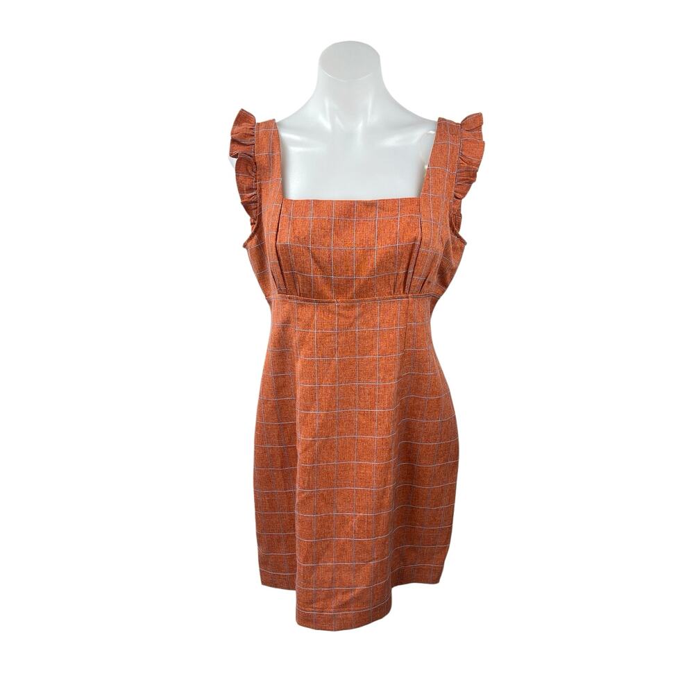 NEW Alice + Olivia Brown Orange Plaid Ruffle Sleeveless Mini Sheath Dress Size L